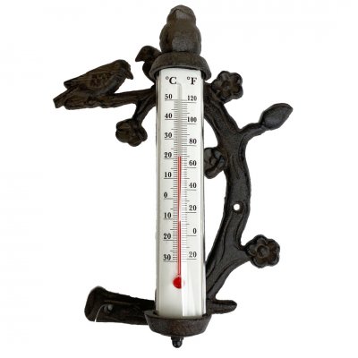 termometer av gjutjärn med fåglar